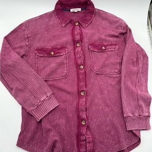 Briggs New York Mineral Wash Berry Pink/Red Waffle Button Down Shacket, Large